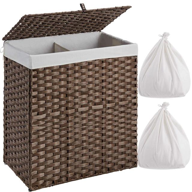 Greenstell Laundry Hamper with 2 Removable Liner Bags, Divided Clothes Hamper, 110L Handwoven Synthetic Rattan Laundry Basket with Lid and Handles, Foldable Easy to Install Brown 22.2x13.3x24 Inches