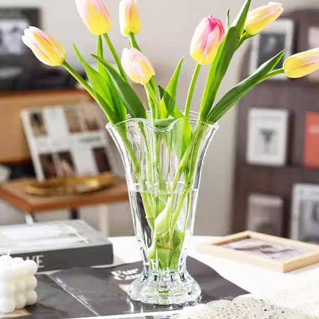 Vintage Ribbed Pedestal Glass Vase Esmiome 8.7in Embossed Big Heavy Thickened Crystal Clear Flower Bouquet Hydroponic Vases for Roses Lilies Smooth Rim Home Decor Office Wedding Dining Table Party