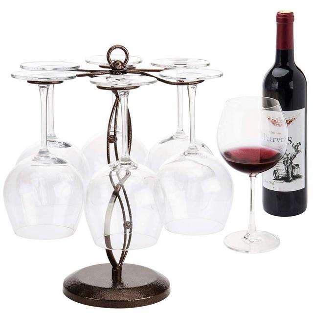 MyGift Bronze Metal Countertop Wine Glass Holder with Scrollwork Design, Freestanding Tabletop Stemware Storage Rack with 6 Hooks