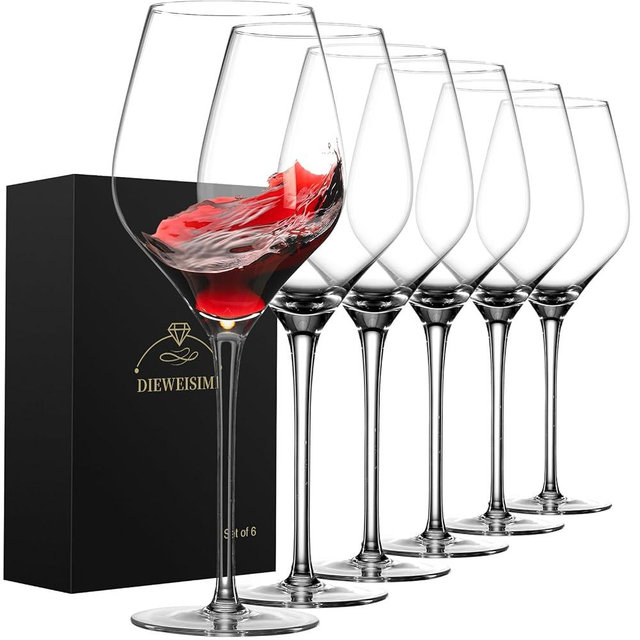 DIEWEISIMI Red Wine Glasses Set of 6, Hand Blown Long Stem Wine Glasses Burgundy Crystal Wine Glass, Great Gift for Christmas,Birthday,Anniversary(22 oz,6 pack)