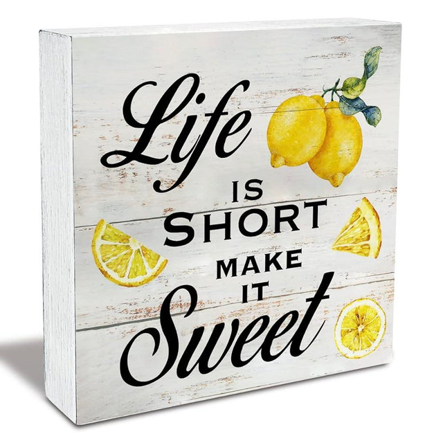 Inspirational Quote Life is Short Make it Sweet Wood Box Sign Rustic Lemon Print Wooden Box Sign Farmhouse Home Kitchen Desk Shelf Decor (5 X 5 Inch)