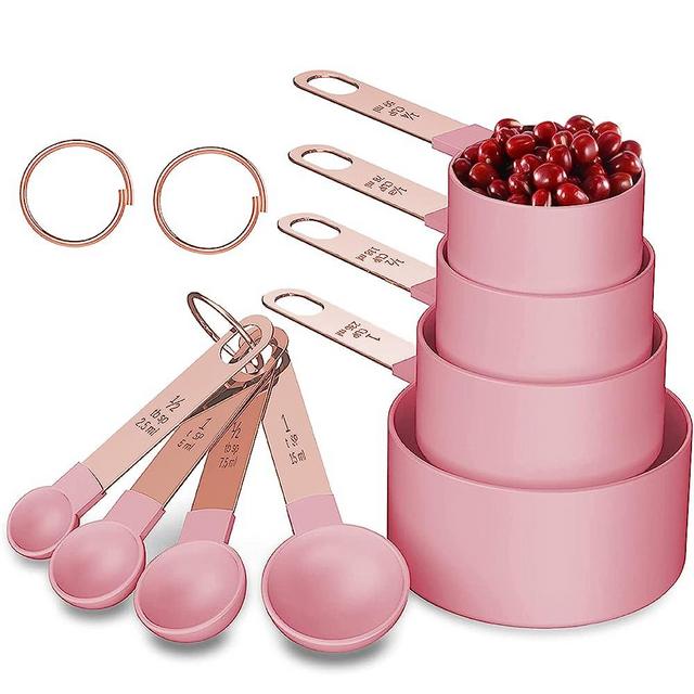 Rose Gold Stainless Steel Handle Measuring Cups and Spoons Set, 8 Piece Stackable Accurate Tablespoon for Measuring Dry and Liquid Ingredients Small Teaspoon with Plastic Head (Pink)