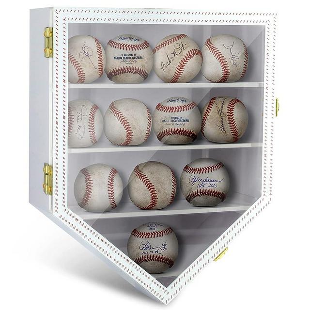 White Baseball Display Case 12 Balls Red Stitching Design Easy to Hang Baseball Holders for Balls Display Baseball Cases for Balls Anti-Theft Gold Plated Locks Shatterproof Baseball Case Display