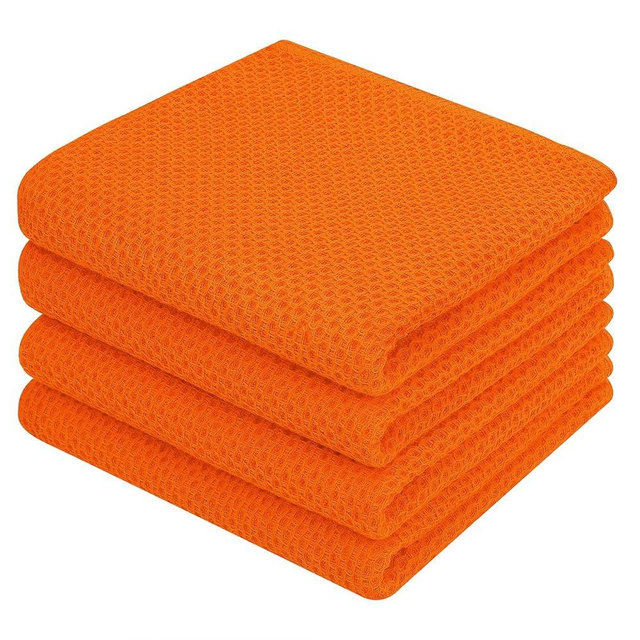 Homaxy 100% Cotton Waffle Weave Kitchen Dish Towels, Ultra Soft Absorbent Quick Drying Cleaning Towel, 13 x 28 Inches, 4-Pack, Orange