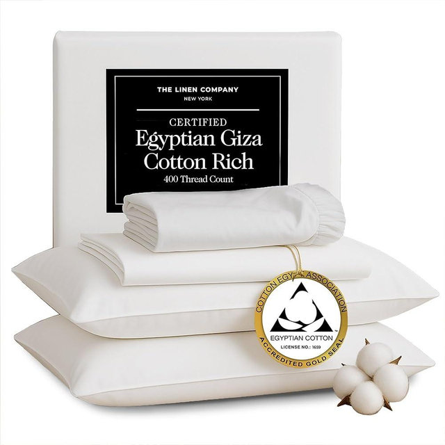 THE LINEN COMPANY NEW YORK Certified Giza Egyptian Cotton Sheets Queen Size - Hotel Luxury, Skin Friendly, Breathable & Wrinkle Resistant, Oeko-TEX Certified Naturally Silky Sateen Sheets