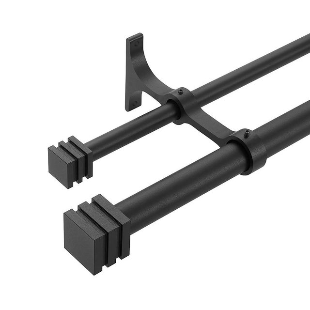 Mayrhyme Double Curtain Rods with Aluminum Full Surround Brackets and Cube Box Finials,Matte Black Curtain Rods for Windows 72 to 144 inch,1'' Front and 5/8''Back Adjustable Double Drapery Rods