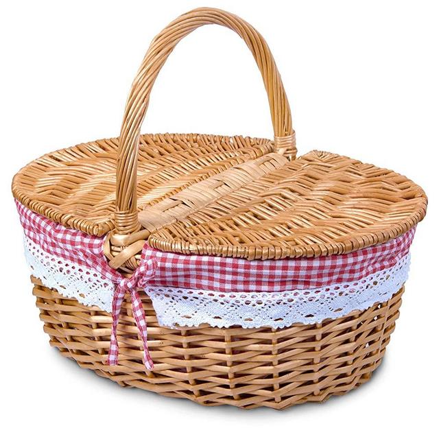 Wicker Picnic Basket with Lid and Handle Sturdy Woven Body with Washable Plaids Liner,Red