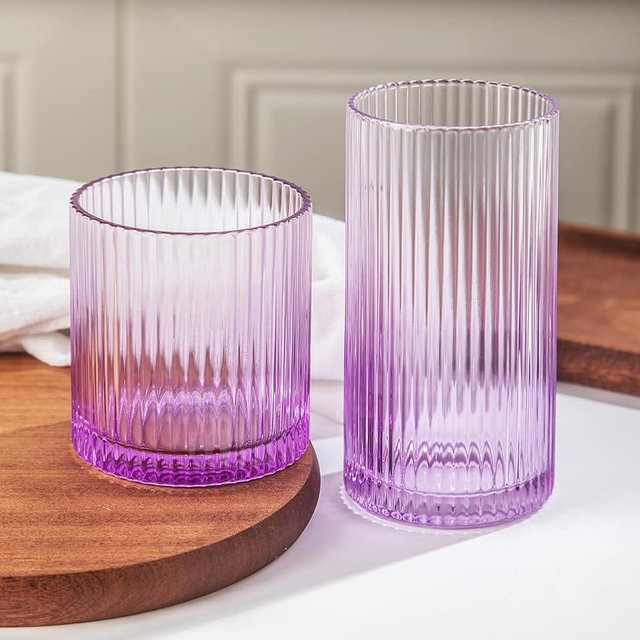 Lumkit Ribbed Drinking Glasses 8pcs, 12oz and 10oz Glassware, Tumbler Glasses Cup Set for Wedding, Party, Christmas Gift, Purple
