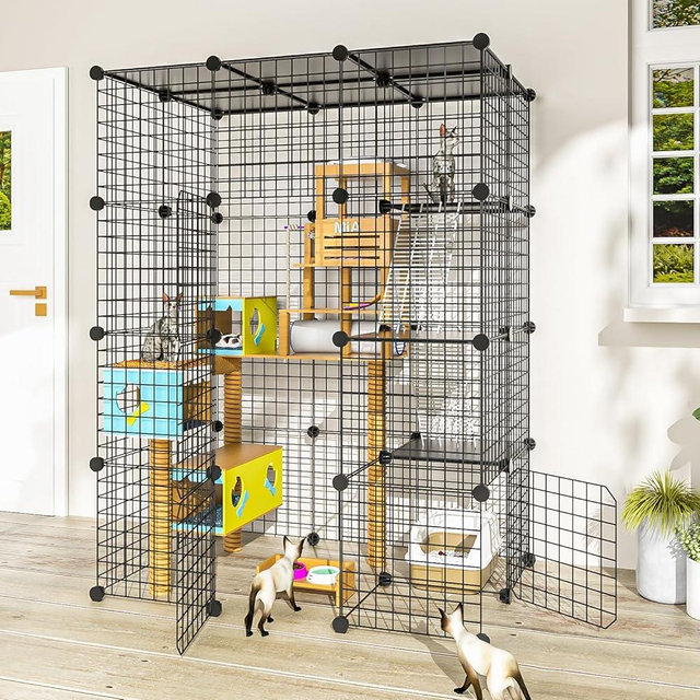 PAWING Cat Large Enclosure - DIY Catio Ideal for 1-3 Cats, Indoor & Outdoor, Detachable Metal Wire Kennel, 2x3x4 Exercise Place
