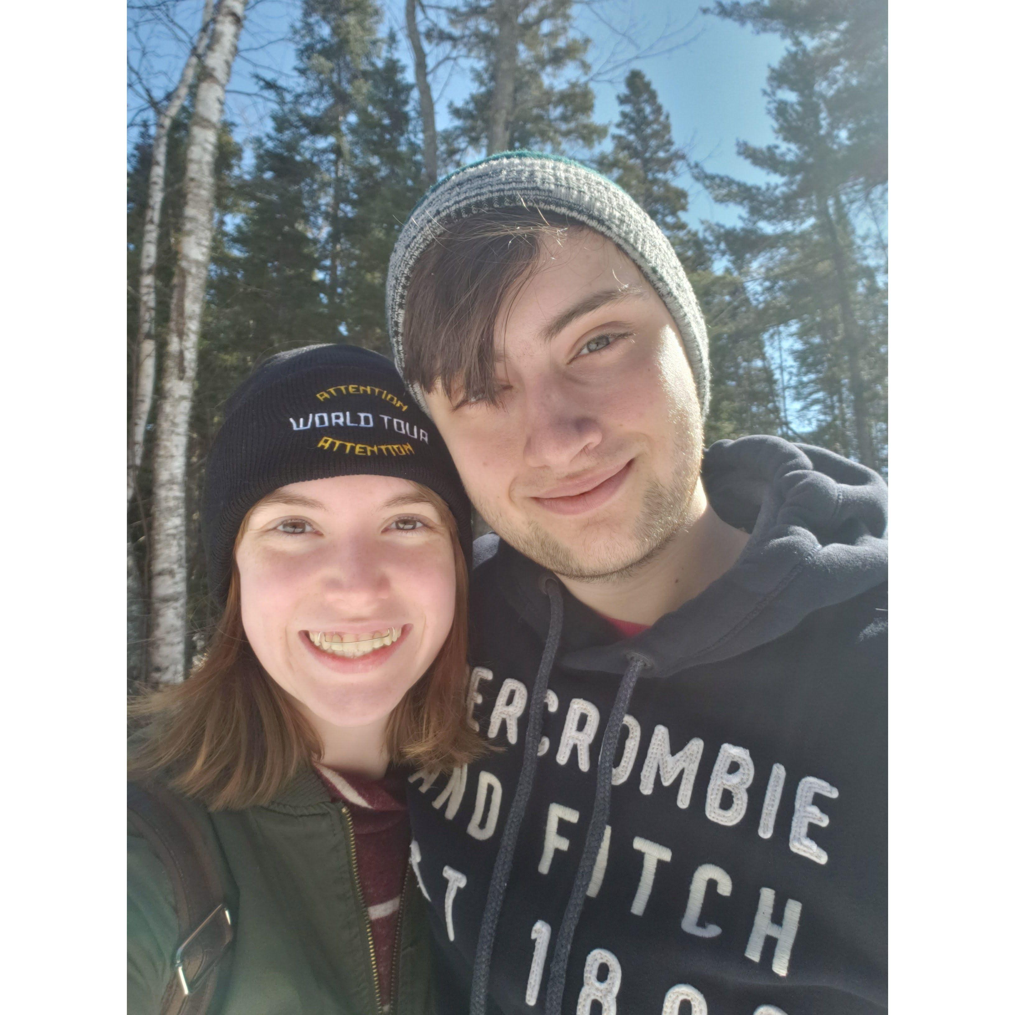 Enjoying a snowy hike near the end of our 3rd year of college April 2019