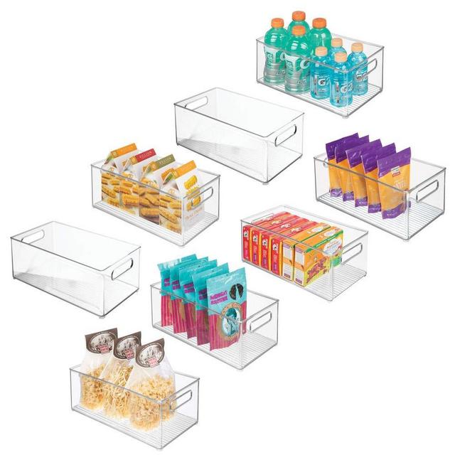 mDesign Deep Plastic Kitchen Storage Organizer Container Bin with Handles for Pantry, Cabinets, Shelves, Refrigerator, Freezer - BPA Free - 14.5" Long, 8 Pack - Clear