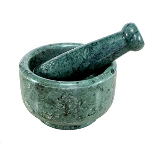 KLEO 5" Diameter Natural Stone Mortar and Pestle Set as Spice Grinder, Medicine Masher - Okhli & Musal (Green)