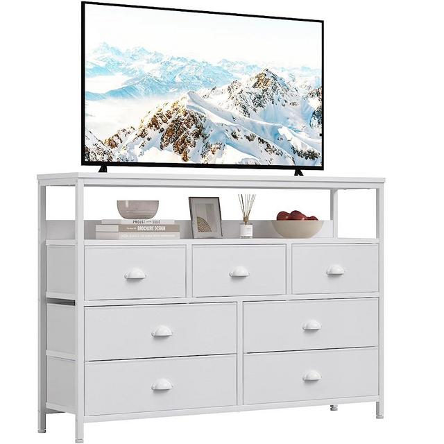 Furologee Dresser TV Stand, Console Sofa Table with 7 Drawers and 2-Tier Open Shelves, Entertainment Center for 45" TV, Storage Fabric Dresser Drawer Unit for Bedroom, Living Room, Entryway, White