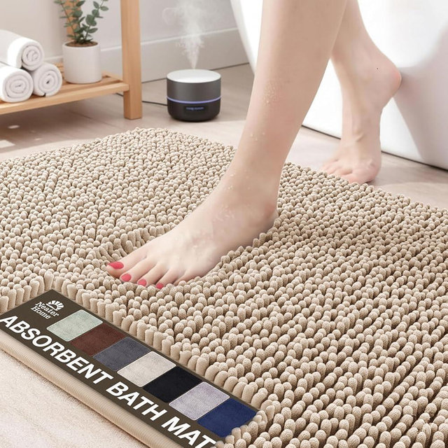 Neater Home Plush Bathroom Rugs 24x17 Thick Chenille Quick Dry Microfiber Absorbent Bath Mat, Soft Bath Rugs, Machine Washable Bathroom Floor Mat for Tub Shower Sink, Home Decor Accessories, Beige