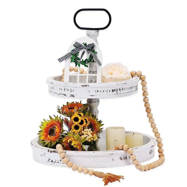 YGEOMER Tiered Tray Stand Decor Farmhouse Two Tiered Tray White Tiered Serving Tray Wood Decorative Trays for Kitchen Coffee Macaron Plate Cakes Dessert Fruit