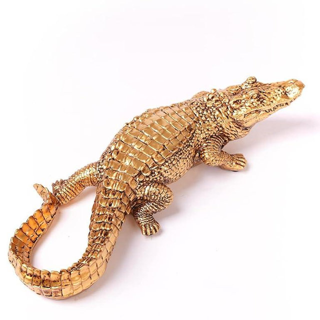 HAUCOZE Gold Crocodile Sculpture Animal Figurine Modern Home Decor Polyresin Table Centerpiece Gift 14.2 Inch