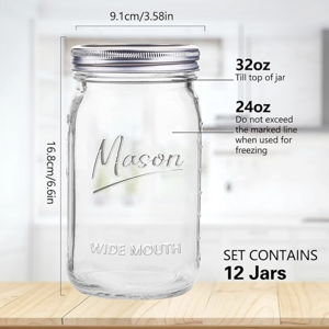 Mason Jars 32 oz,12 Pack Quart Wide Mouth Mason Jar With Airtight Lids