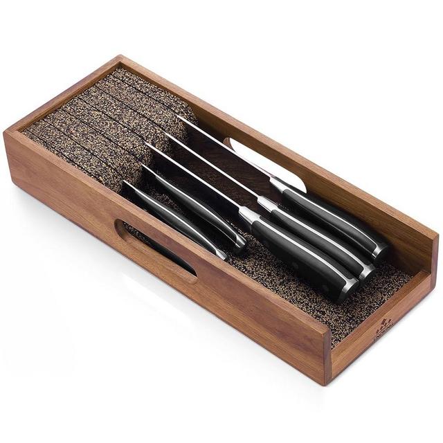 Enoking Knife Drawer Organizer Insert, In Drawer Knife Block, Acacia Wood Knife Holder with Cork Dividers For Kitchen Chef Steak Knife Storage Keep Drawer Tidy
