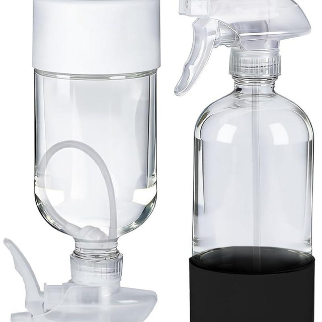 TERESRY 2 Pack 360° Glass Spray Bottles with Silicone Sleeve, 16 oz Empty Refillable Containers with Adjustable Spray Nozzles, Spray Bottles for Hair, Cleaning Solutions and Plants Black&White