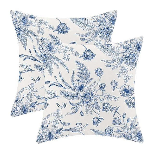 CXMEIFLY Spring Floral Leaves Pillow Covers 22 x 22 Inch Set of 2 for Chinoiserie Flowers Decor Throw Pillows Blue and White Seasonal Plant Outdoor Decorative Cushion Cases for Couch Bed Decorations