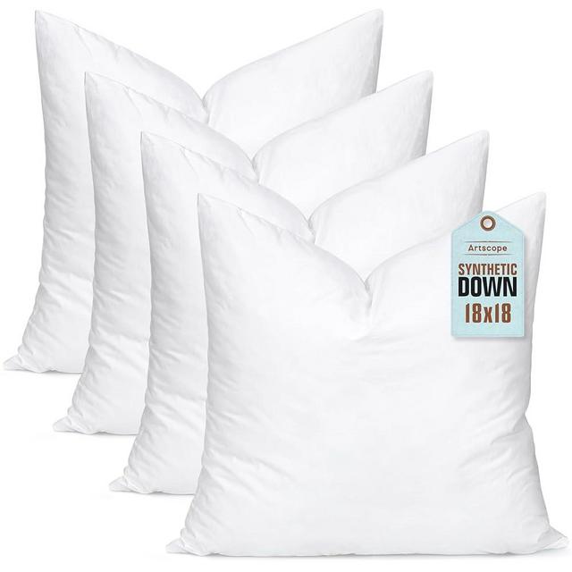 Artscope Synthetic Down Pillow Insert, 18x18 Down Alternative Throw Pillow Insert. Ultra Soft Fluffy Sleeping Pillow with 100% Cotton Cover, Decorative Pillows Set of 4-White.