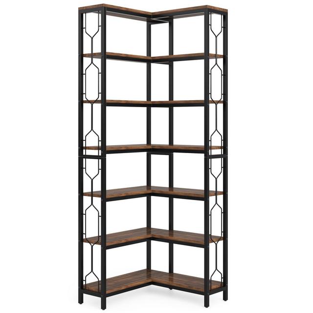 Tribesigns 7-Tier L-Shaped Bookshelf, Wood Corner Etagere Bookcase, Freestanding Display Shelving Unit, Rustic Brown & Black