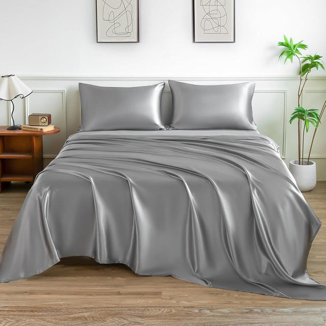 LIFCOM Satin Sheets Queen Size Bed Set,Similar to Silk Sheets,4Pcs Luxury Satin Sheet Set with 15 Inches Deep Pocket (Queen, Silver Grey)