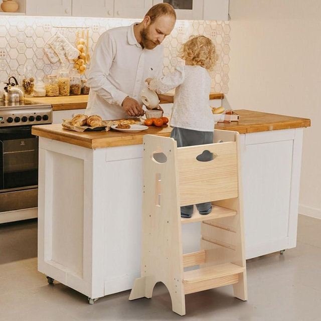 COSYLAND Toddler Standing Tower - 3 Levels Height Adjustable Kitchen Stool Helper - Unfinished Wood Paintless Kids Kitchen Step Stool Helper (Natural)