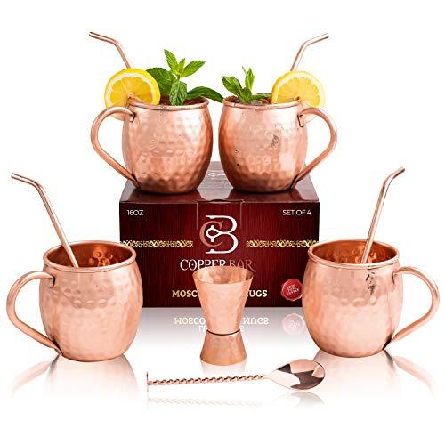 Moscow Mule Copper Mugs - Set of 4-100% HANDCRAFTED Pure Solid Copper Mugs - 16 Oz Gift Set with Highest Quality Cocktail Copper Straws, Jigger, Stirrer & 2 E-Books by Copper-Bar
