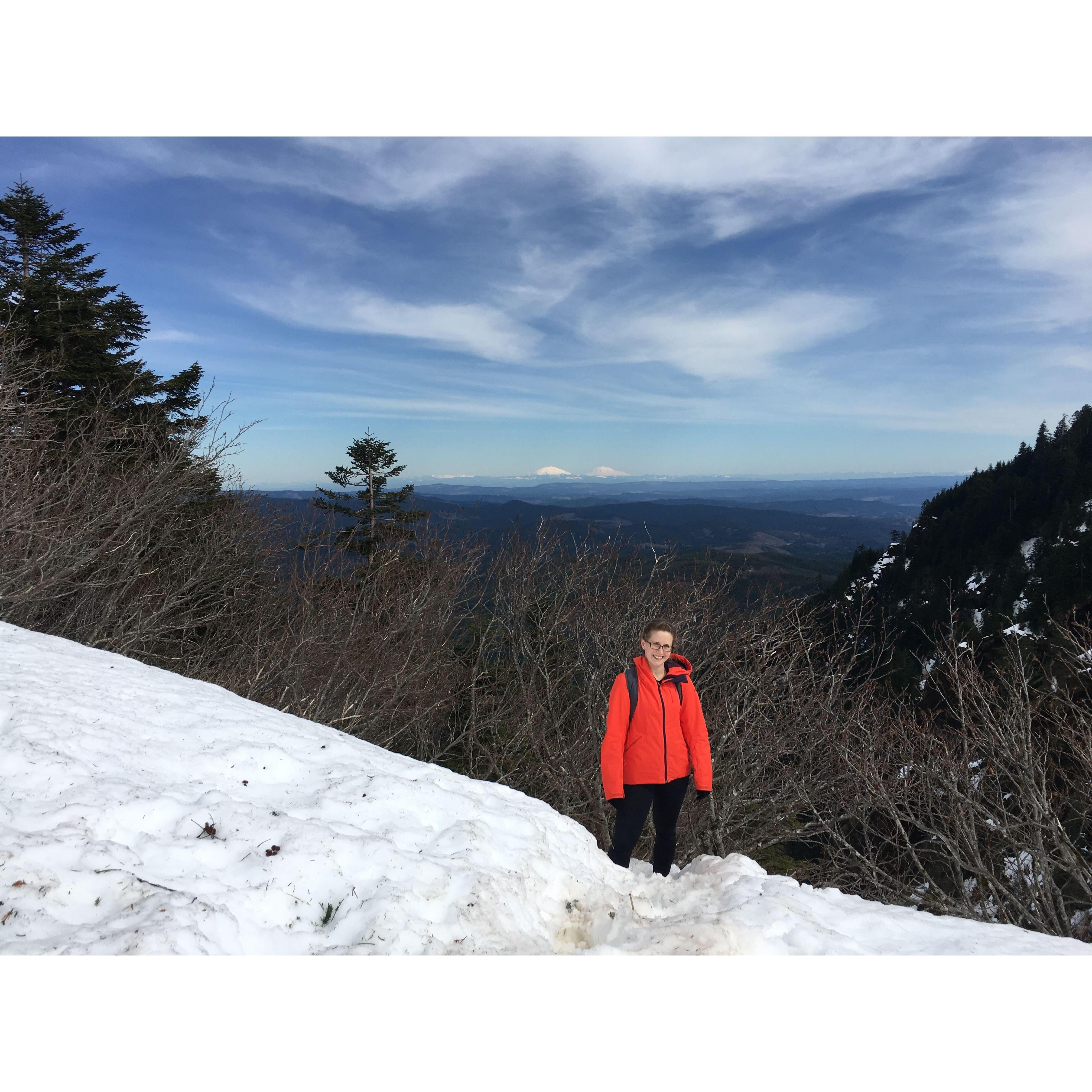 Just shy of the actual summit of Saddle Mountain in Washington. The snow was mid-thigh by the time we got to the top! (March 2019)