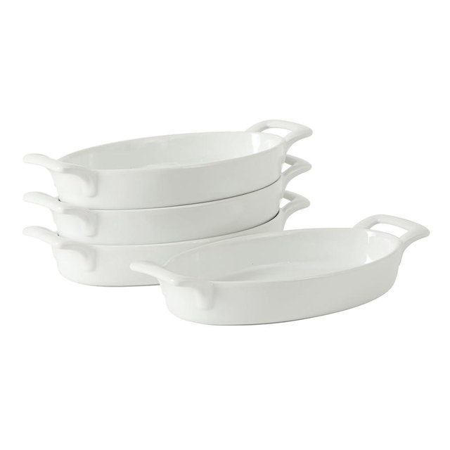 Gibson Home Gracious Dining Oval Au Gratin Baking Dishes, 4-Piece Set – 15 oz Oven Safe Ceramic Small Casserole Dishes with Handles, Microwave & Dishwasher Safe Mini Bakeware, White