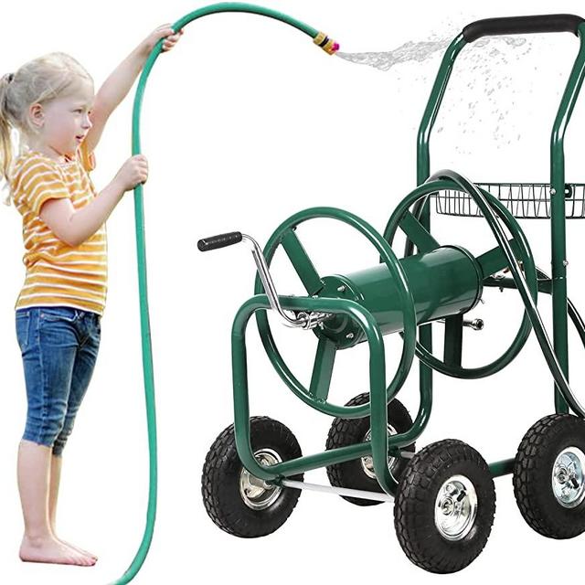 Garden Hose Reel Cart with Wheels for Outdoor, Yard Water Planting Truck 300 Feet of 5/8 Inch Hose Reel Cart, Heavy Duty Patio Lawn Garden Watering Equipment Cart - Green