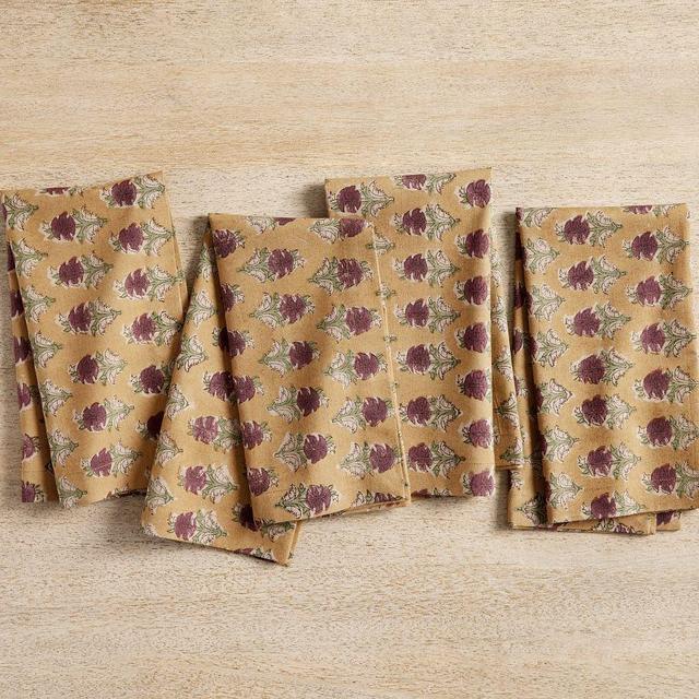 Jade Floral Block Print Napkins, Set of 4 - Yellow