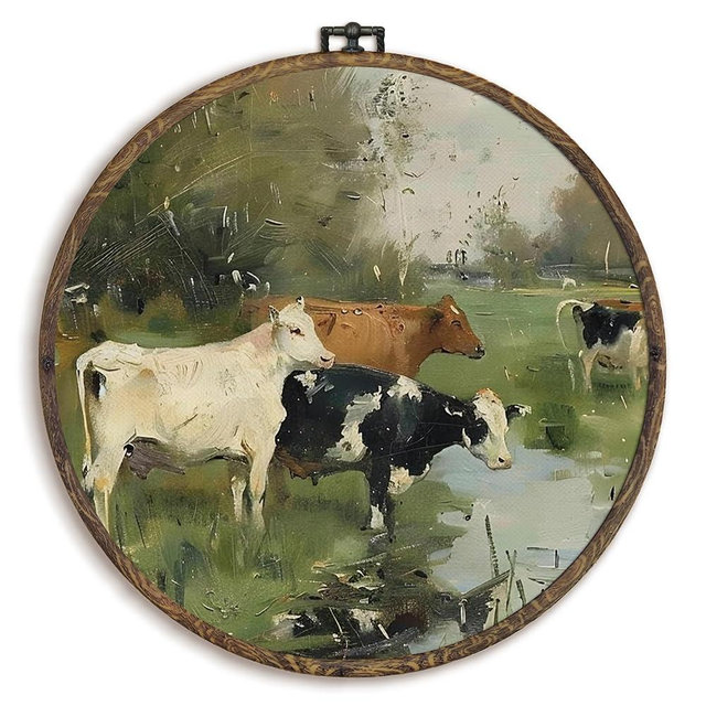 KFXHANGD Vintage Cows Round Wall Art Framed, Cow Bathroom Decor, Rustic Farmhouse Cows Canvas Wall Art, Country Cow Hanging Decor for Bathroom Bedroom Living Room, 10x10inch