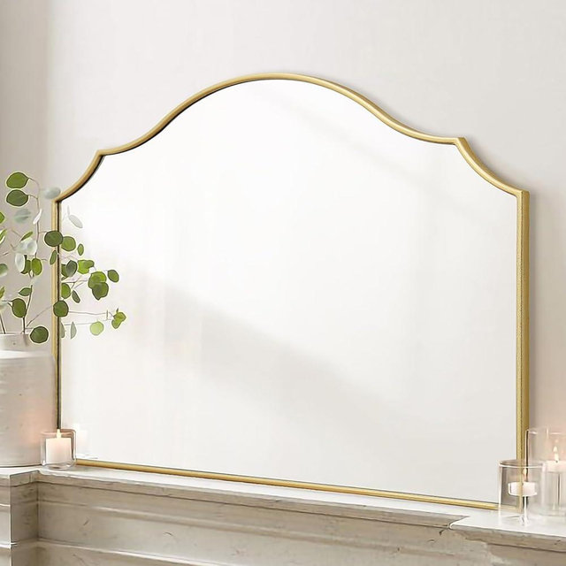 Besdomus Gold Modern Large Wall Mirror, 36"x26" Decorative Scalloped Arched Mirror Vanity Minimalist Mirror Decor for Living Room, Bedroom, Fireplace, Mantle, Entryway