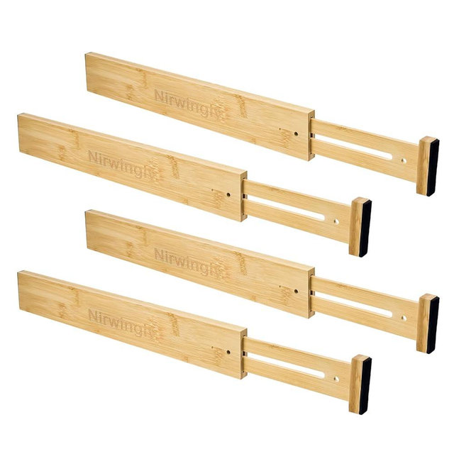 Nirwingly Bamboo Expandable Drawer Divider Organizers are suitable for kitchens, bedrooms, bathrooms, dressers and offices. Comes in a pack of four and is freely adjustable in size from 17' to 22'.