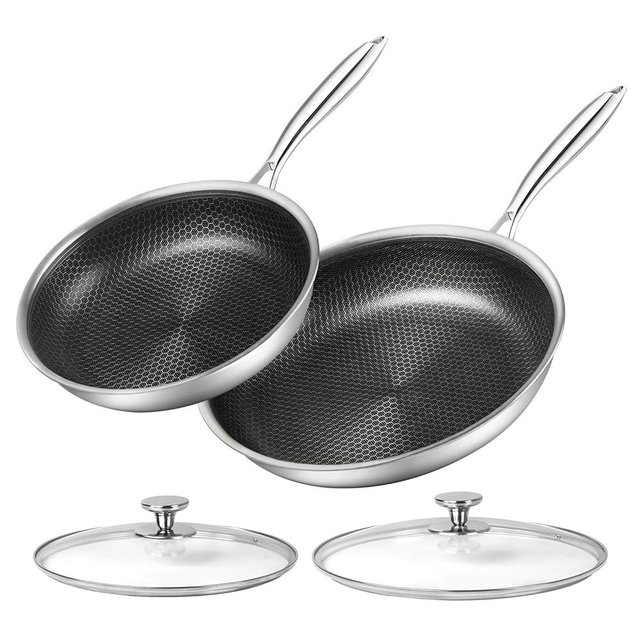 Stainless Steel Frying Pan Set 10" and 12" Frying Pan Skillet Set W/Cooking Lid Stay Cool Handle NonStick Frying Pan with Induction Gas Stovetops