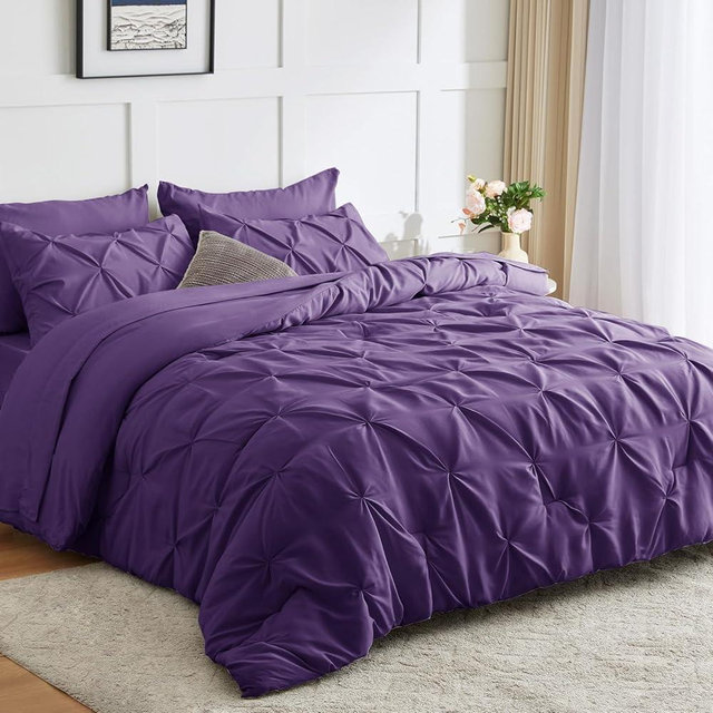 CozyLux Purple Comforter Set Queen - 7 Pieces Comforters Queen Size, Pintuck Bed in A Bag Pinch Pleat Bedding Sets with All Season Comforter, Flat Sheet, Fitted Sheet and Pillowcases & Shams