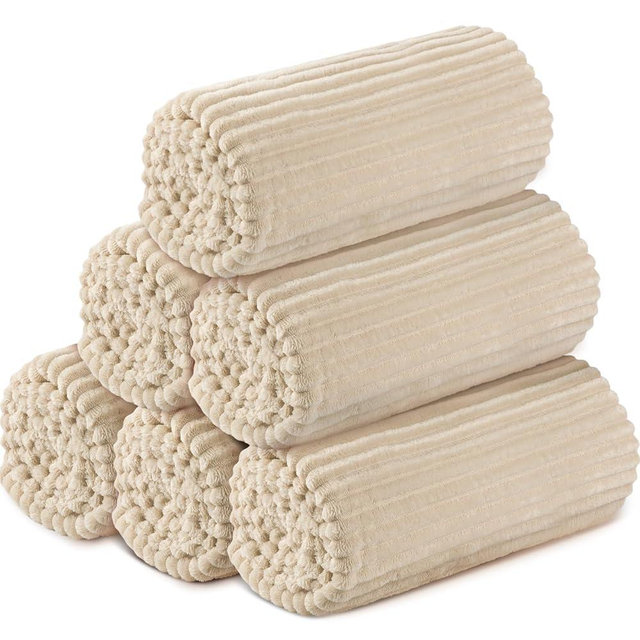 Buryeah 6 Pcs Flannel Throw Blanket Bulk 50 x 60 in Sleepover Blankets Outdoor Wedding Throw Lightweight, Oeko-TEX Standard 100 Certified for Sofa Donation Homeless Gifts (Beige)