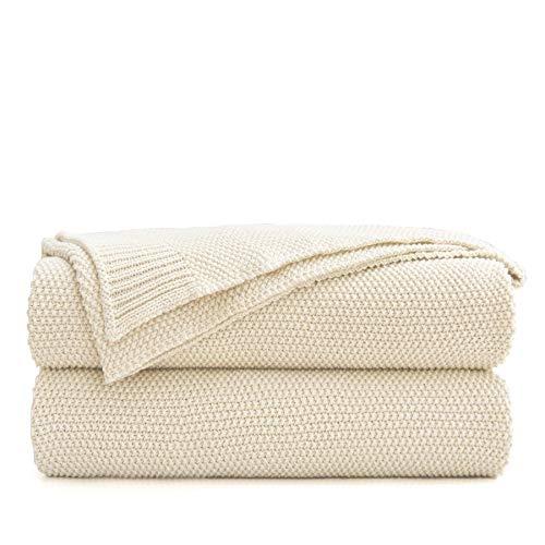 Cream Cotton Cable Knit Throw Blanket for Couch, Home Decorative Throws, Large Woven Throw Blankets with Bonus Laundering Bag, 3.4 Pounds 60 x 80 Inches