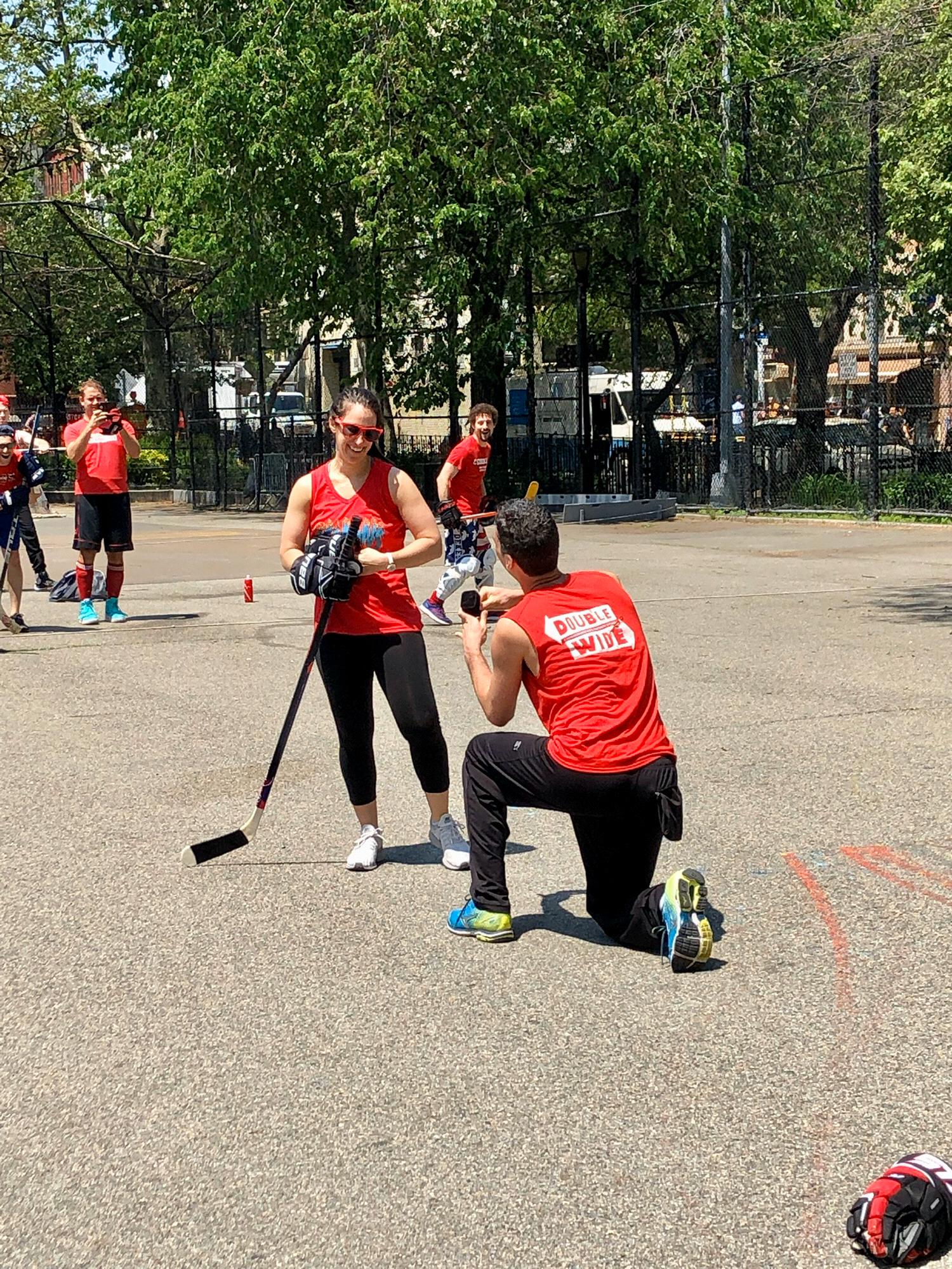 Our engagement on the courts at Tompkin Square Park this past May.  We both played a full 60 minutes of hockey immediately after this before calling our families to let them know because #Priorities