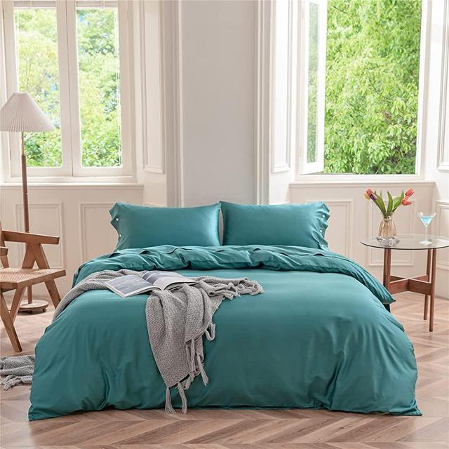 EAVD Elegant Style Peacock Blue Duvet Cover King 100% Long Staple Cotton Peacock Blue Pattern Bedding Set 3 PCS Modern Style Peacock Blue Solid Comforter Set with Zipper Closure