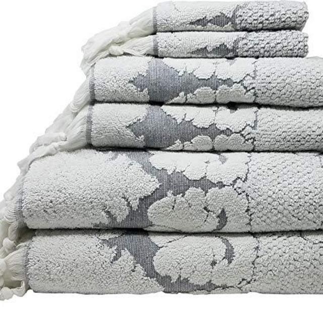 Nysa 100-Percent Genuine Turkish Cotton Floral Ornament Jacquard Hand-Knotted Fringe 6-Piece Towel Set - (Grey)