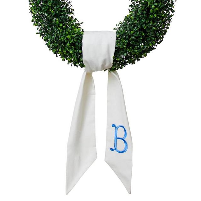 Monogram Wreath Sash for Front Door, White Embroidered Linen Wreath Sash, Porch Accessory for Xmas Party Yard, Wedding, and Boxwood Decoration, Indoor Outdoor Décor - (B)