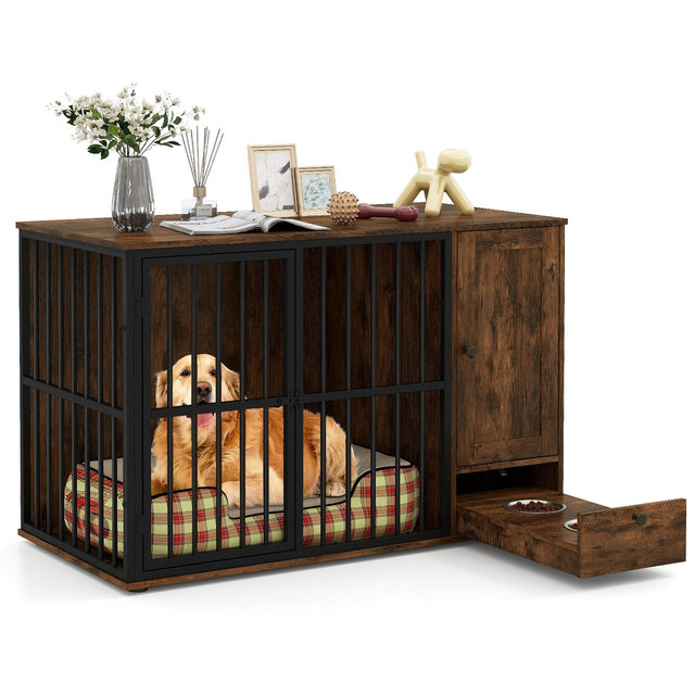 Costway 47 5''Dog Crate End Table w/ Hidden Bowls & Storage Chew-Resistant Metal Frame