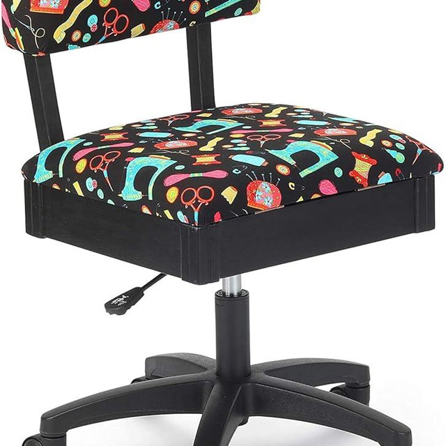 Arrow Sewing H7013B Adjustable Height Hydraulic Sewing and Craft Chair with Under Seat Storage and Printed Fabric, Sewing Notions Print