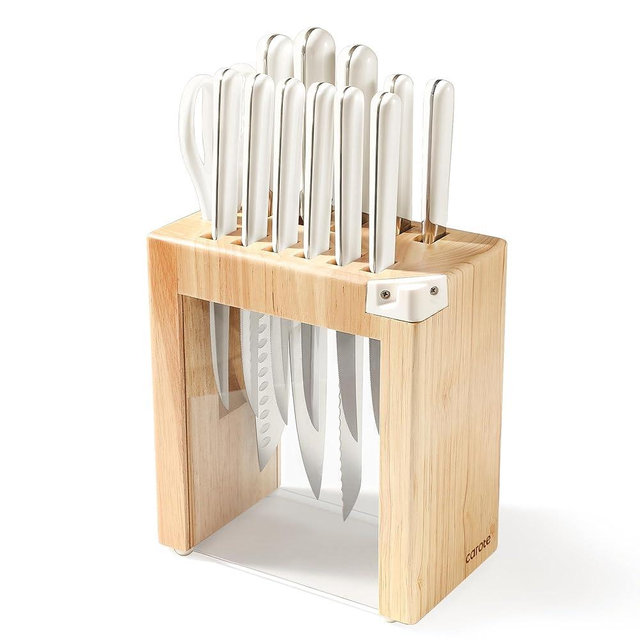 CAROTE 14PCS Knife Set with Acrylic Block, Kitchen Knives with Built-in Sharpener, Cutlery Set with High Carbon Stainless Steel Sharp Blade, Dishwasher Safe, White