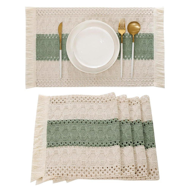 Tosleo Boho Placemats Set of 4 Macrame Table Decor with Fringe Farmhouse Woven Placemats in Natural Burlap for Kitchen and Dining Table Centerpiece Home Decorations,Green