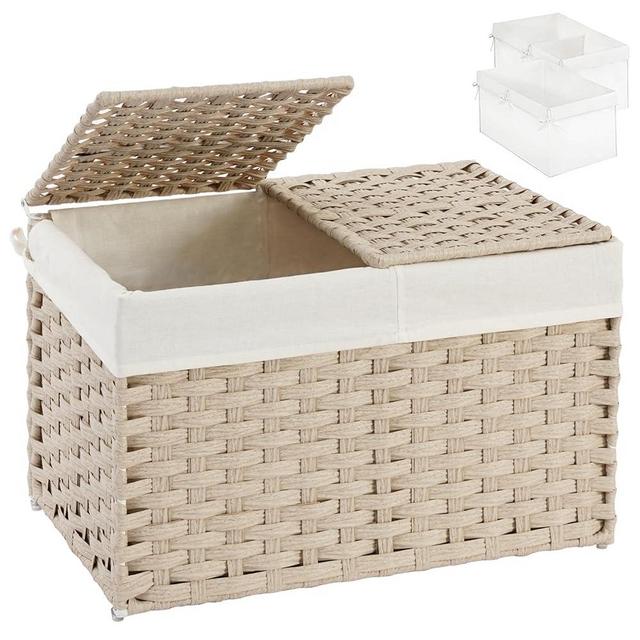 SETVSON Storage Basket with Lid Rattan Woven Storage Baskets with 2 Separate Lids, 17.2 Gallon (65 L) Wicker Storage Bins Foldable 2 Removable Liner Bags Handles for Bedroom, Laundry Room Light Khaki