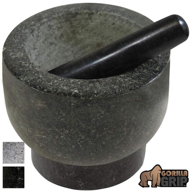 Gorilla Grip Original Mortar and Pestle Set, Small Size 5 Inch Holds 1.5 Cups, Slip Resistant Bottom, Heavy Duty Polished Granite, Guacamole Molcajete Bowl, Kitchen Spices, Herbs, Pesto Grinder, Black
